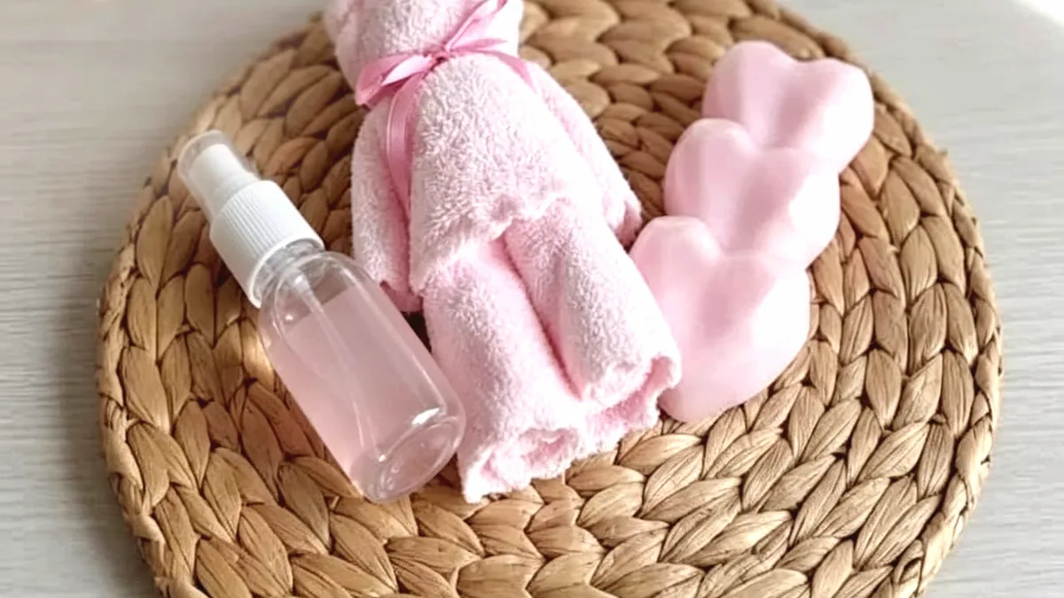 Kit con toallita rosa y jabon