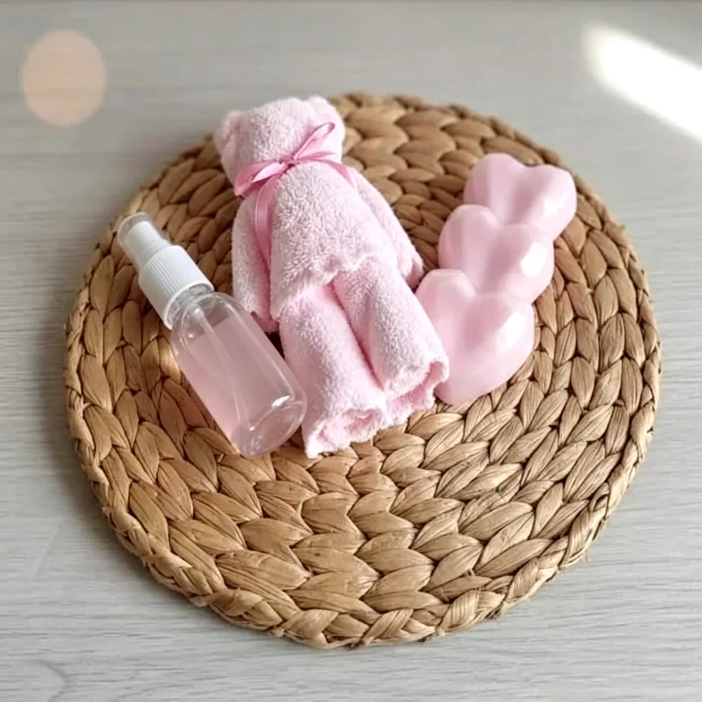 Paquete con toallita rosa y jabon